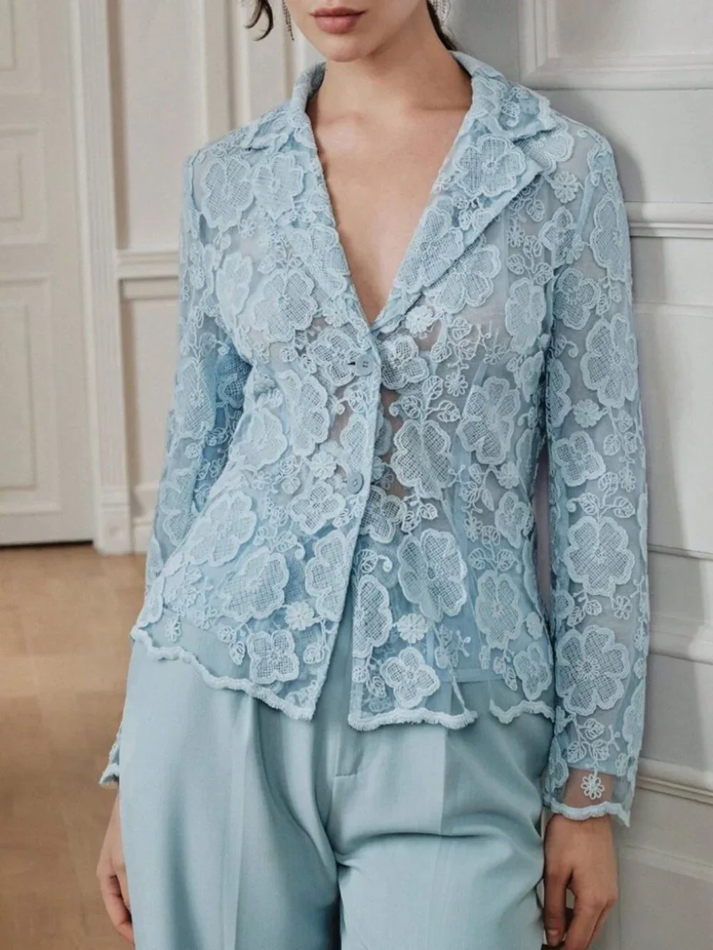 Dusty Blue Sheer Floral Lace Blazer with Notched Lapel